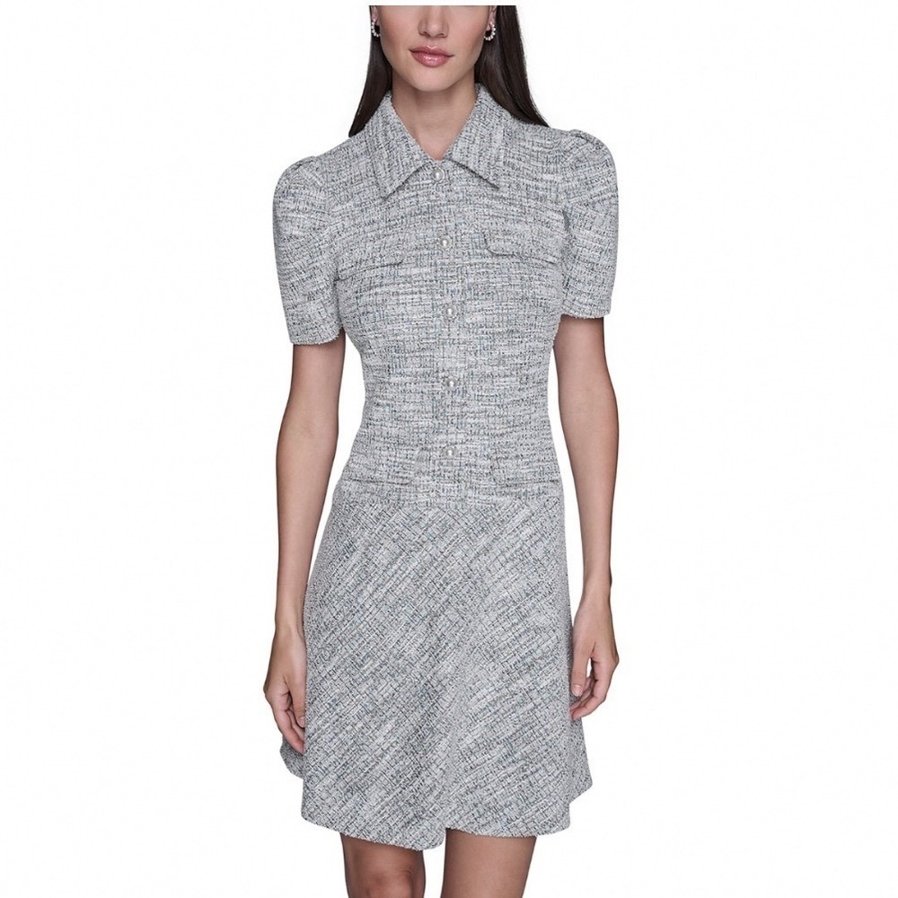 Karl Lagerfeld Paris Tweed Knitβ A Line Dress Ocean Blue Multi Size 2 NEW